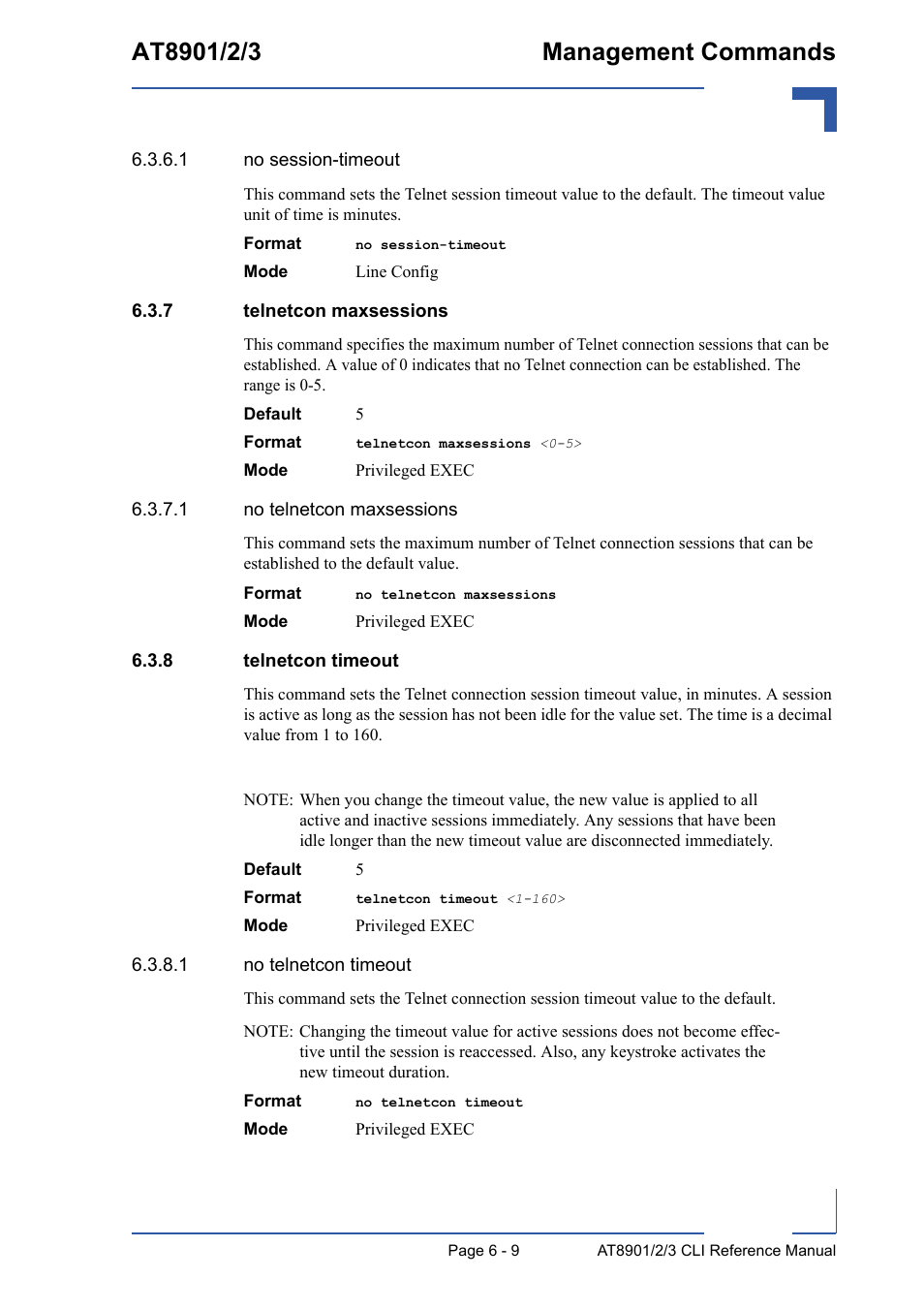 7 telnetcon maxsessions, 8 telnetcon timeout, Telnetcon maxsessions - 9 | Telnetcon timeout - 9 | Kontron AT8902 Full Size CLI User Manual | Page 249 / 304