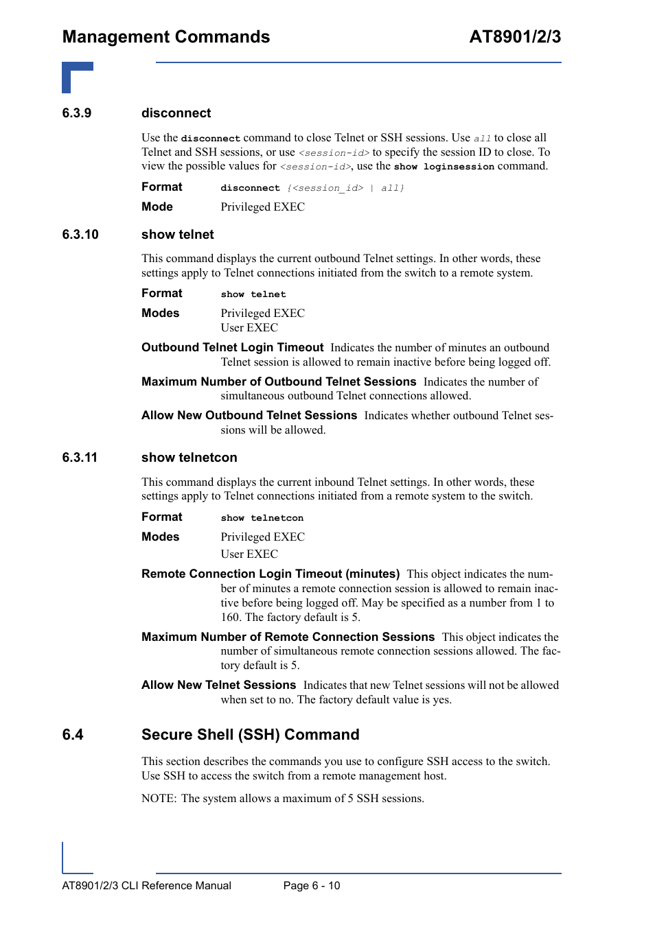 9 disconnect, 10 show telnet, 11 show telnetcon | 4 secure shell (ssh) command, Disconnect - 10, 10 show telnet - 10 6.3.11 show telnetcon - 10, 4 secure shell (ssh) command - 10 | Kontron AT8902 Full Size CLI User Manual | Page 250 / 304