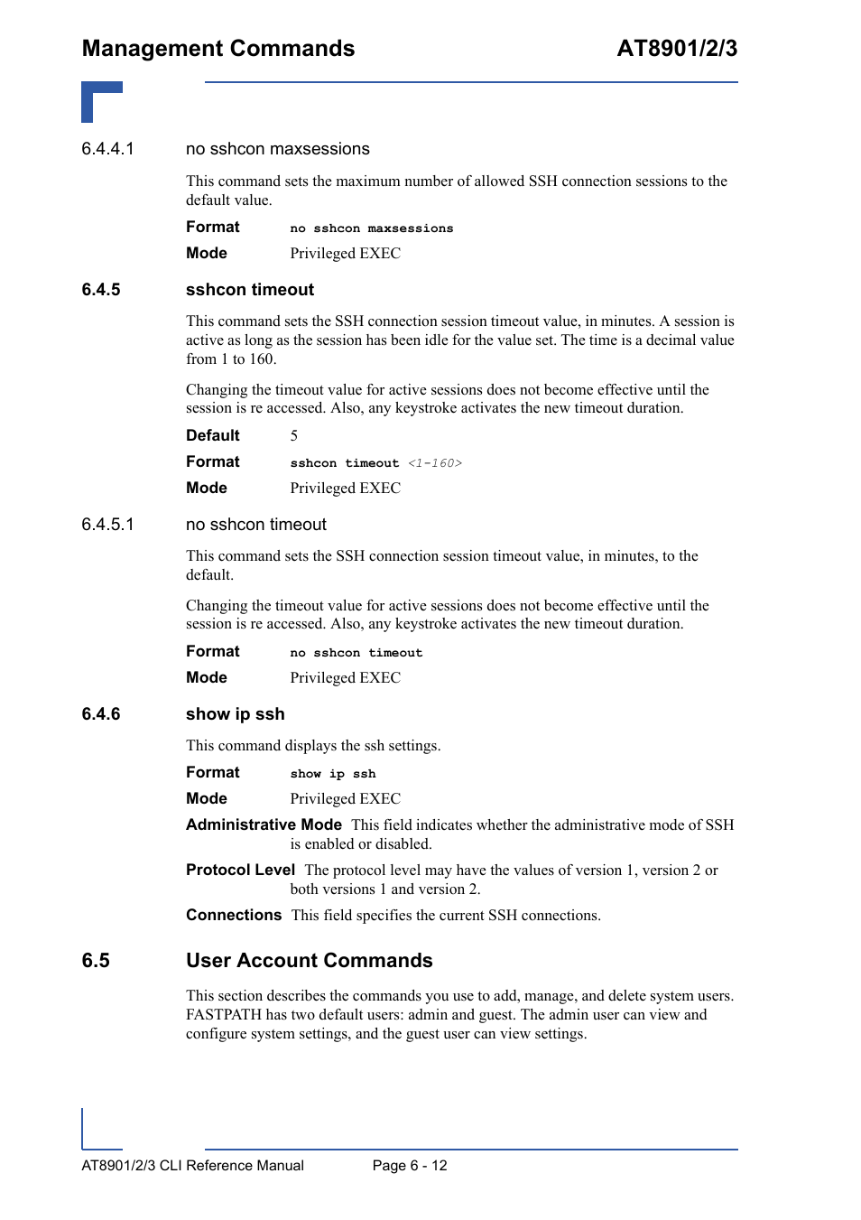 5 sshcon timeout, 6 show ip ssh, 5 user account commands | Sshcon timeout - 12, Show ip ssh - 12, 5 user account commands - 12 | Kontron AT8902 Full Size CLI User Manual | Page 252 / 304