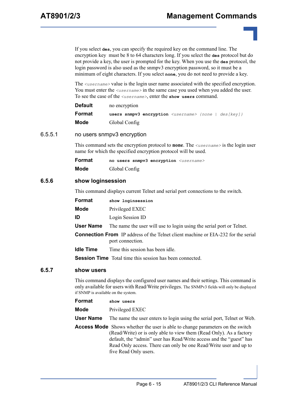 6 show loginsession, 7 show users, Show loginsession - 15 | Show users - 15 | Kontron AT8902 Full Size CLI User Manual | Page 255 / 304