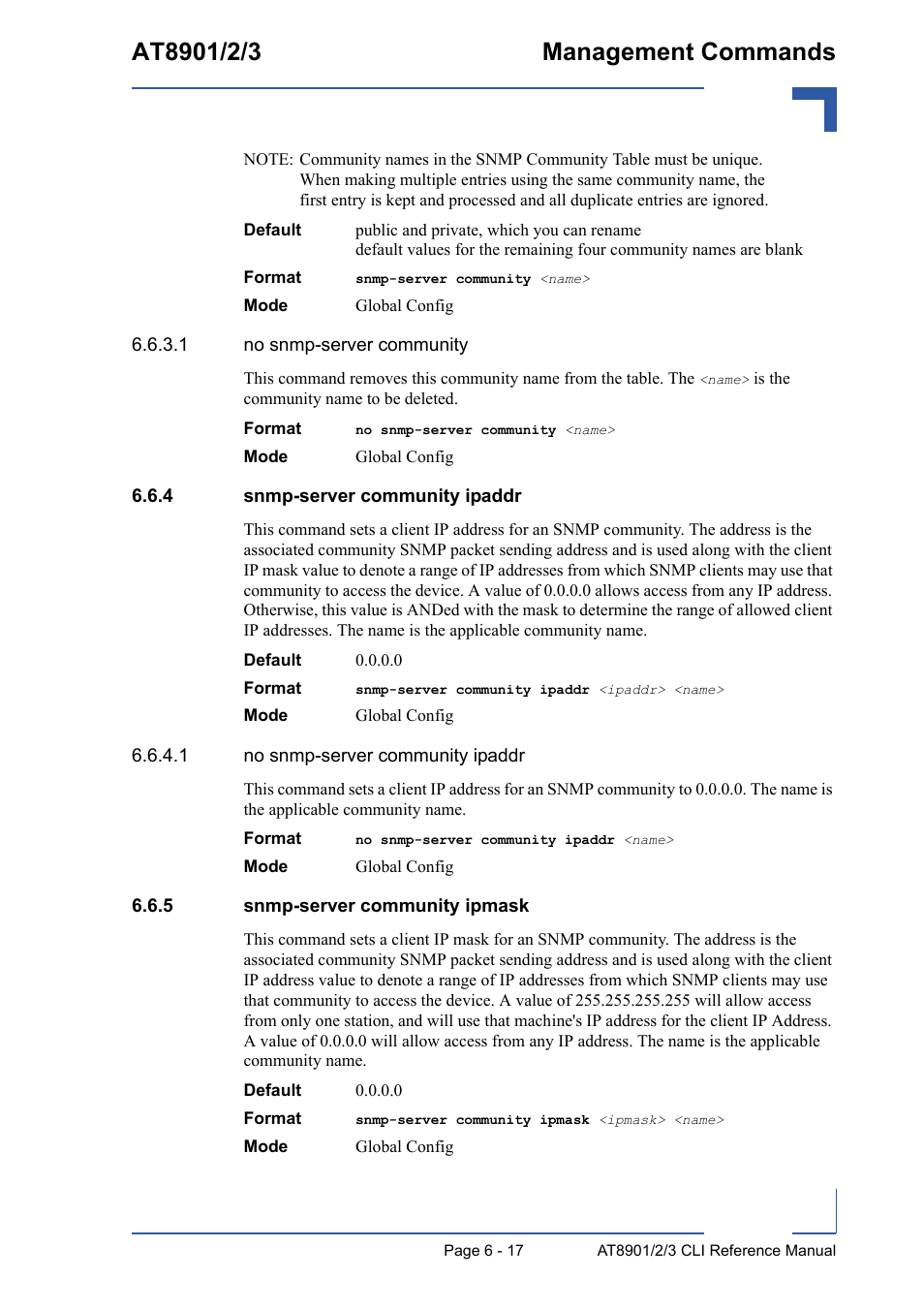 4 snmp-server community ipaddr, 5 snmp-server community ipmask, Snmp-server community ipaddr - 17 | Snmp-server community ipmask - 17 | Kontron AT8902 Full Size CLI User Manual | Page 257 / 304