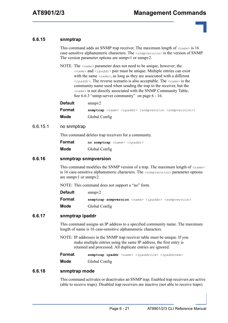 15 snmptrap, 16 snmptrap snmpversion, 17 snmptrap ipaddr | 18 snmptrap mode | Kontron AT8902 Full Size CLI User Manual | Page 261 / 304