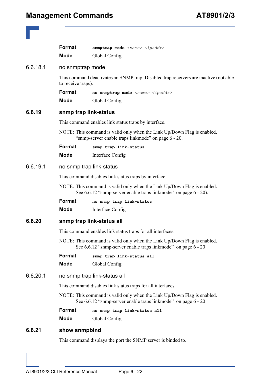 19 snmp trap link-status, 20 snmp trap link-status all, 21 show snmpbind | Kontron AT8902 Full Size CLI User Manual | Page 262 / 304