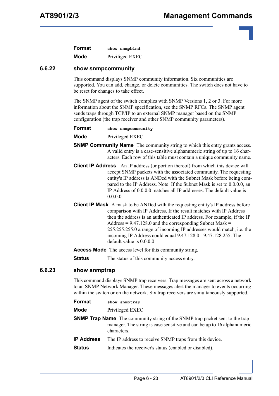 22 show snmpcommunity, 23 show snmptrap | Kontron AT8902 Full Size CLI User Manual | Page 263 / 304