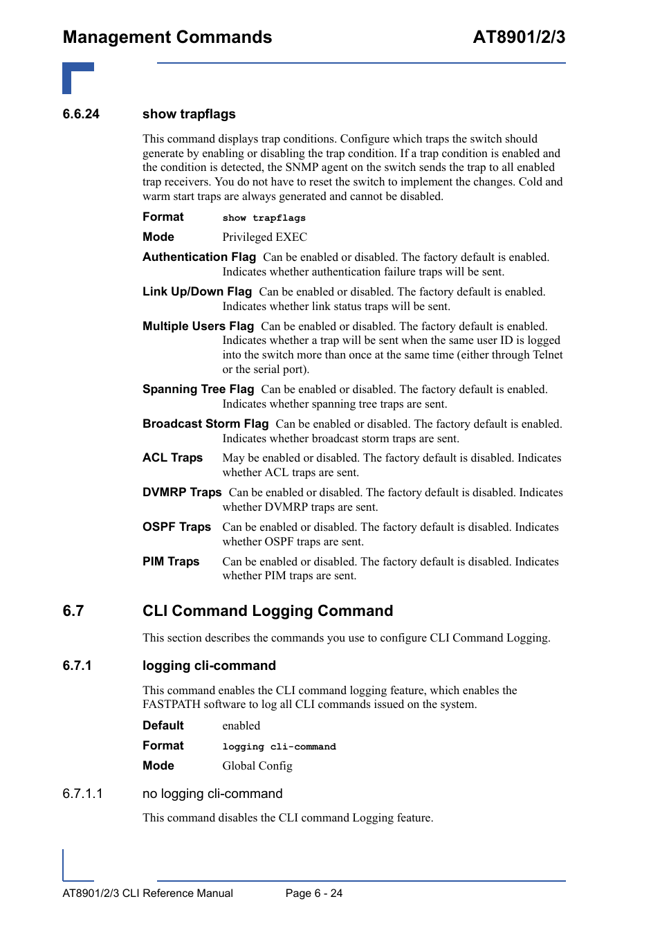 24 show trapflags, 7 cli command logging command, 1 logging cli-command | 24 show trapflags - 24, 7 cli command logging command - 24, Logging cli-command - 24 | Kontron AT8902 Full Size CLI User Manual | Page 264 / 304