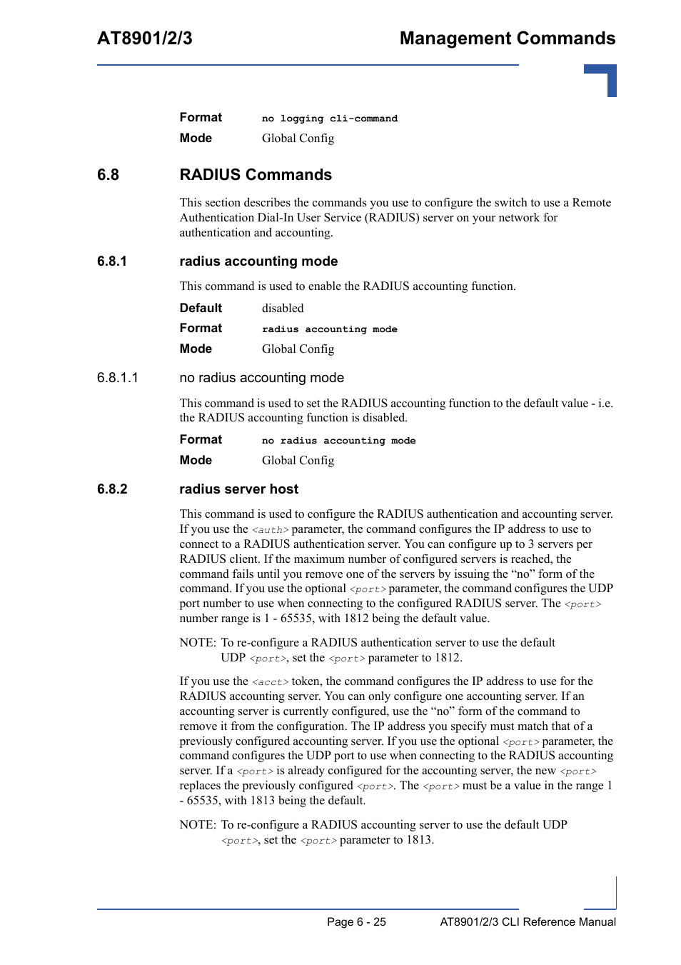 8 radius commands, 1 radius accounting mode, 2 radius server host | 8 radius commands - 25, Radius accounting mode - 25, Radius server host - 25 | Kontron AT8902 Full Size CLI User Manual | Page 265 / 304