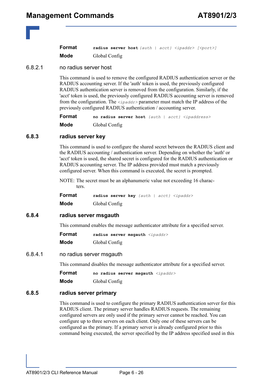 3 radius server key, 4 radius server msgauth, 5 radius server primary | Radius server key - 26, Radius server msgauth - 26, Radius server primary - 26 | Kontron AT8902 Full Size CLI User Manual | Page 266 / 304