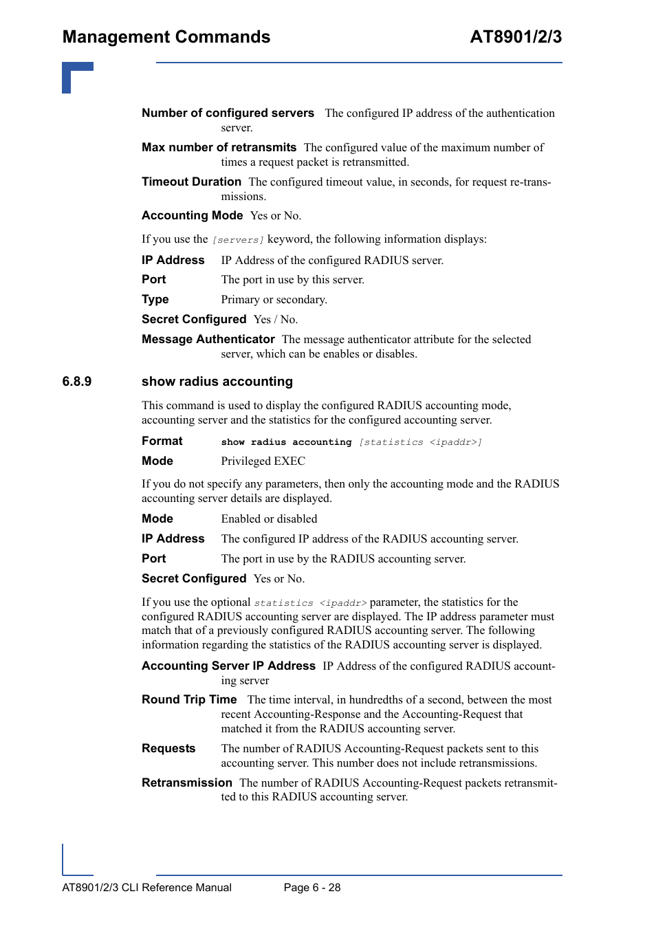 9 show radius accounting, Show radius accounting - 28 | Kontron AT8902 Full Size CLI User Manual | Page 268 / 304