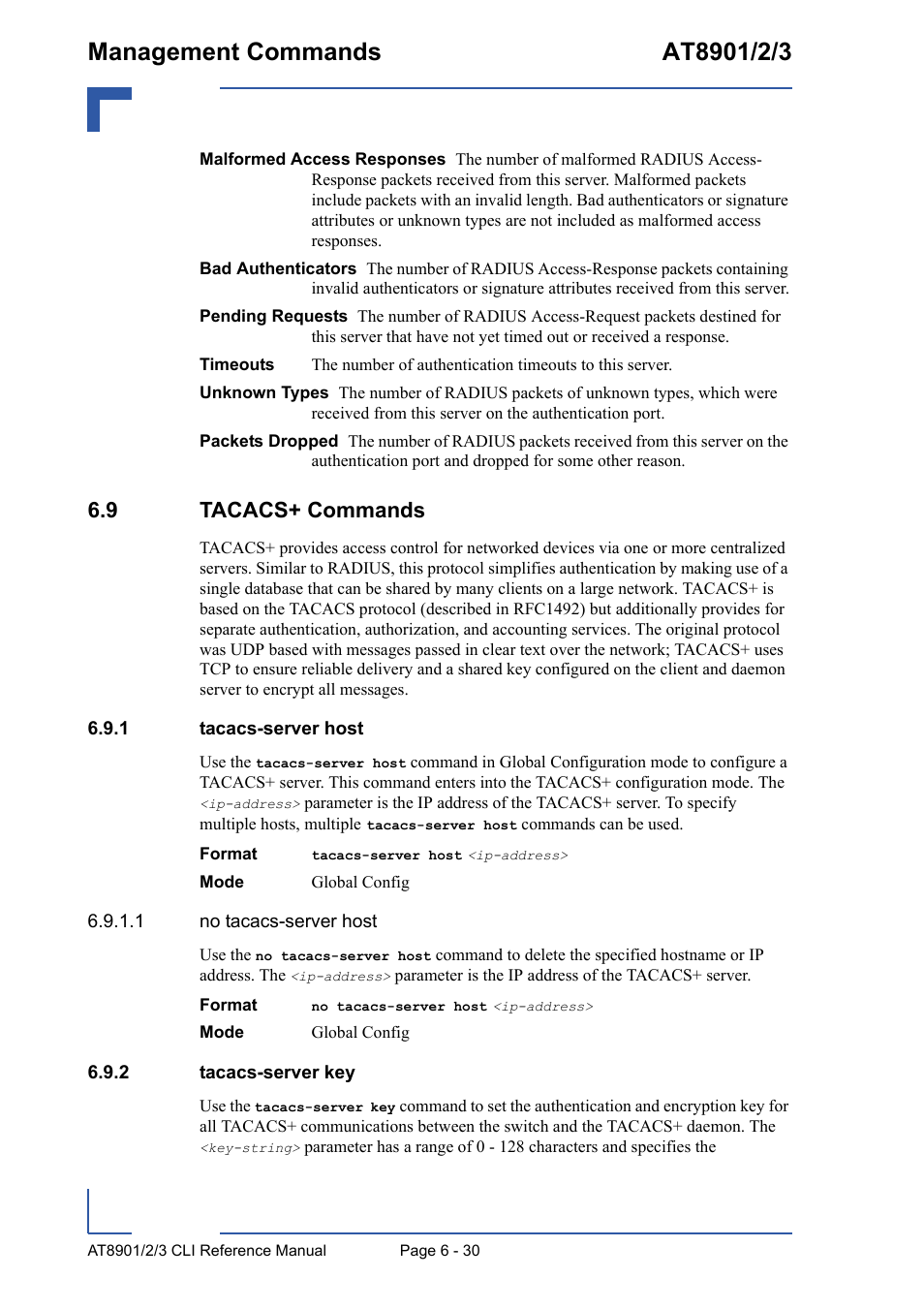 9 tacacs+ commands, 1 tacacs-server host, 2 tacacs-server key | 9 tacacs+ commands - 30, Tacacs-server host - 30, Tacacs-server key - 30 | Kontron AT8902 Full Size CLI User Manual | Page 270 / 304