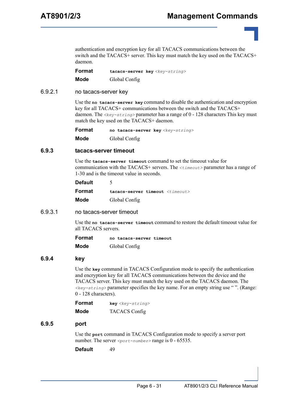 3 tacacs-server timeout, 4 key, 5 port | Tacacs-server timeout - 31, Key - 31, Port - 31 | Kontron AT8902 Full Size CLI User Manual | Page 271 / 304