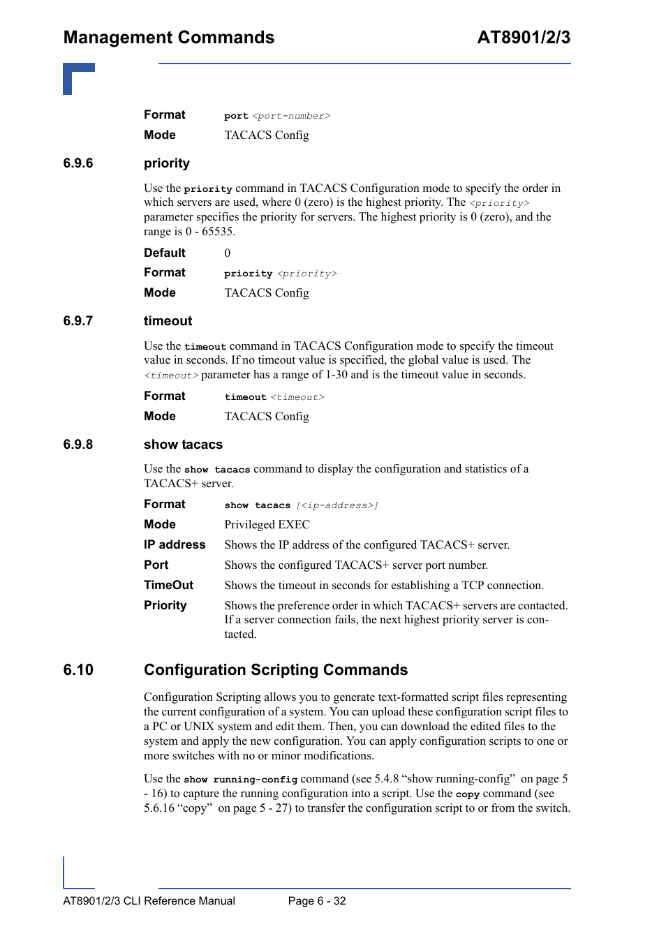 6 priority, 7 timeout, 8 show tacacs | 10 configuration scripting commands, Priority - 32, Timeout - 32, Show tacacs - 32, 10 configuration scripting commands - 32 | Kontron AT8902 Full Size CLI User Manual | Page 272 / 304