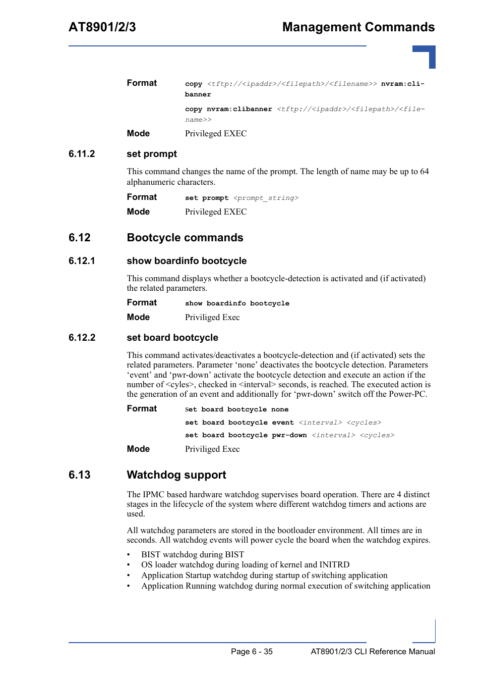 2 set prompt, 12 bootcycle commands, 1 show boardinfo bootcycle | 2 set board bootcycle, 13 watchdog support, 2 set prompt - 35, 12 bootcycle commands - 35, 13 watchdog support - 35 | Kontron AT8902 Full Size CLI User Manual | Page 275 / 304