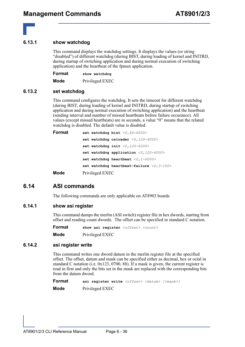 1 show watchdog, 2 set watchdog, 14 asi commands | 1 show asi register, 2 asi register write, 1 show watchdog - 36 6.13.2 set watchdog - 36, 14 asi commands - 36 | Kontron AT8902 Full Size CLI User Manual | Page 276 / 304