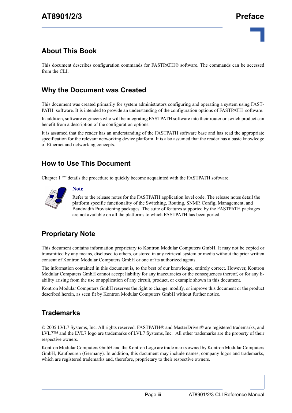 About this book, Why the document was created, How to use this document | Proprietary note, Trademarks | Kontron AT8902 Full Size CLI User Manual | Page 3 / 304