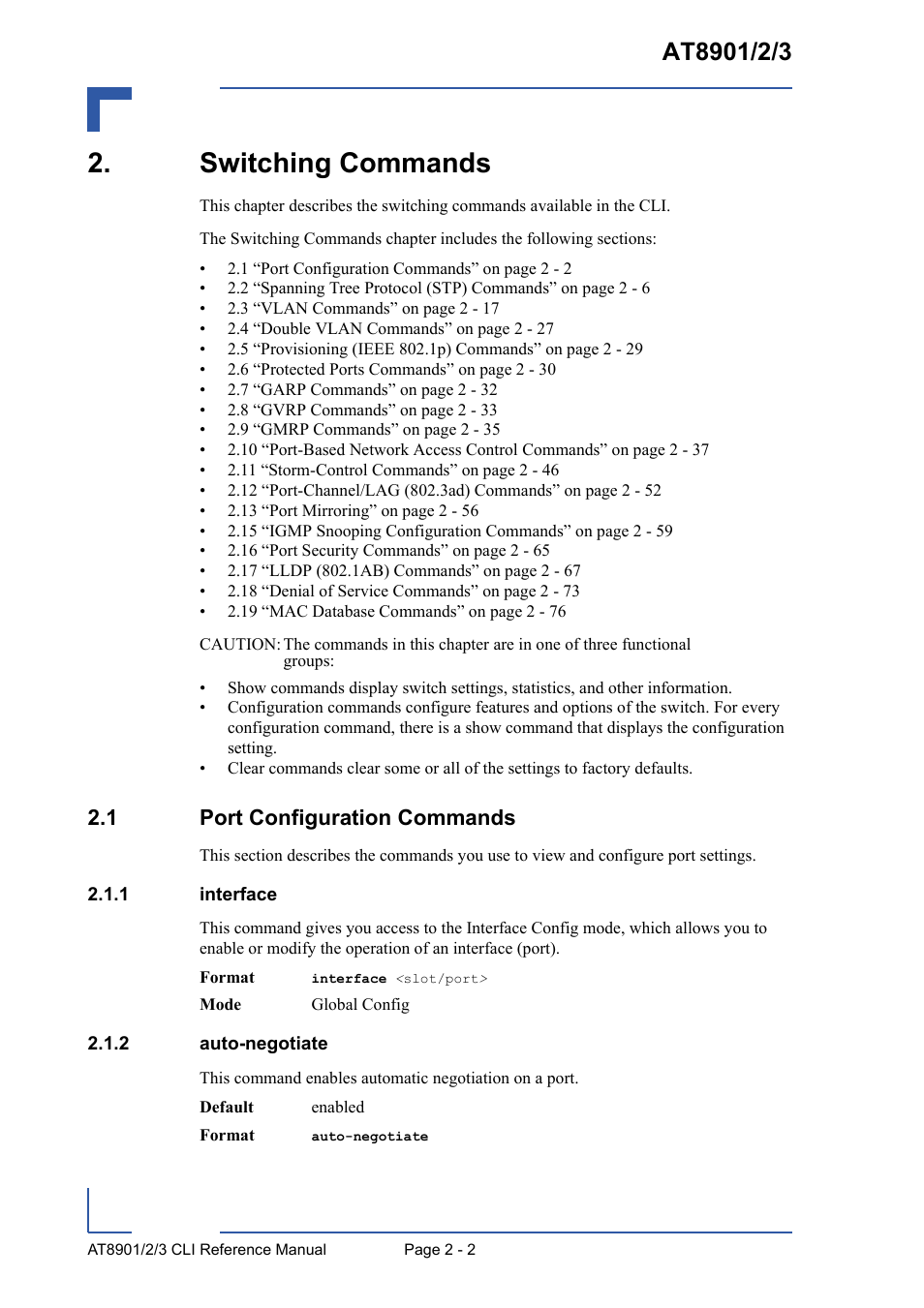 Switching commands, 1 port configuration commands, 1 interface | 2 auto-negotiate, Switching commands - 2, 1 port configuration commands - 2, Interface - 2, Auto-negotiate - 2 | Kontron AT8902 Full Size CLI User Manual | Page 36 / 304