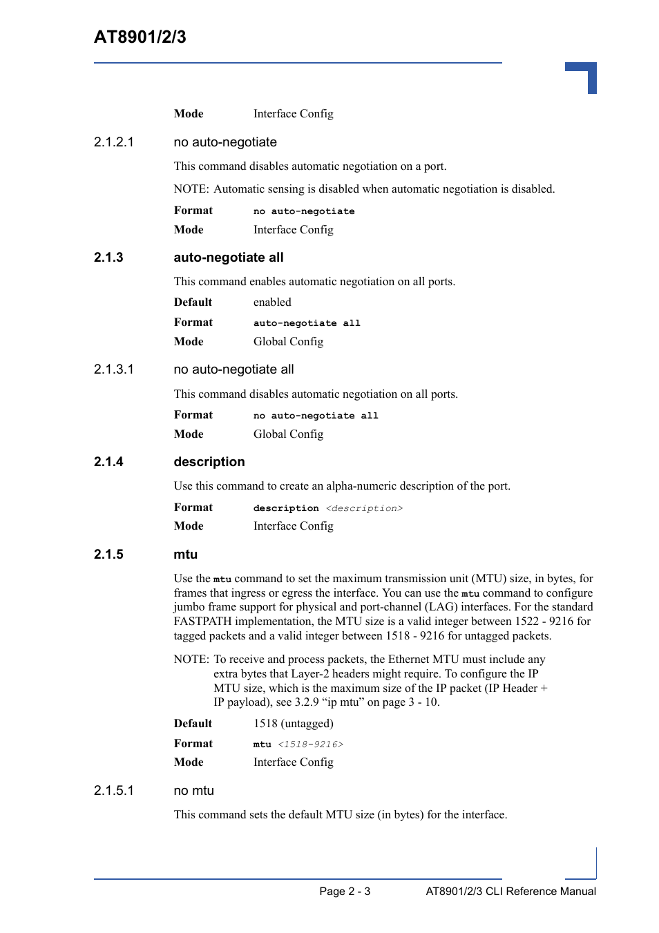 3 auto-negotiate all, 4 description, 5 mtu | Auto-negotiate all - 3, Description - 3, Mtu - 3 | Kontron AT8902 Full Size CLI User Manual | Page 37 / 304