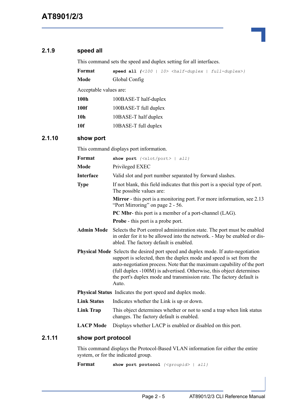 9 speed all, 10 show port, 11 show port protocol | Speed all - 5, 10 show port - 5 2.1.11 show port protocol - 5 | Kontron AT8902 Full Size CLI User Manual | Page 39 / 304