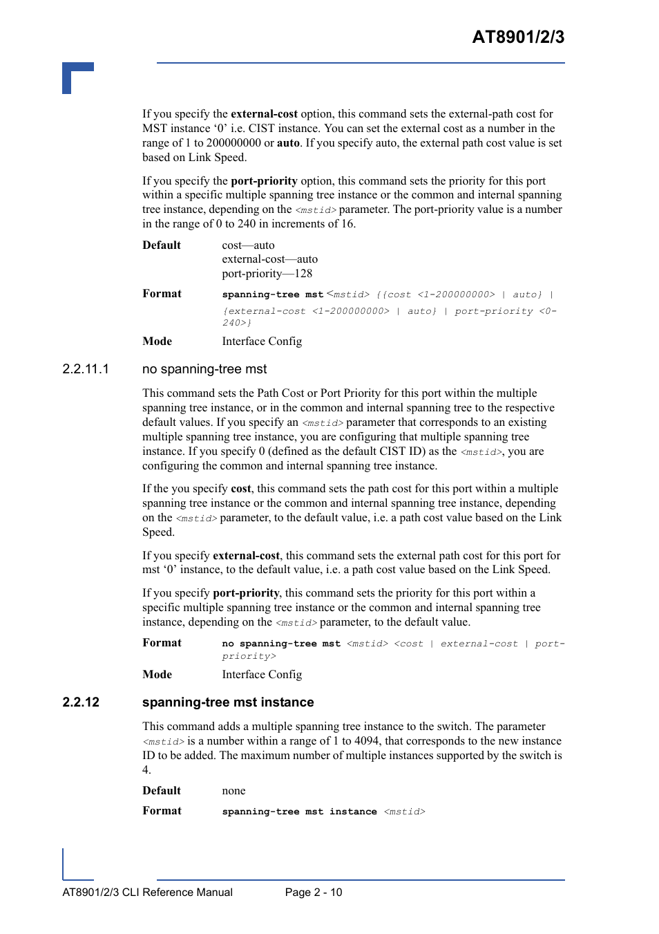 12 spanning-tree mst instance, 12 spanning-tree mst instance - 10 | Kontron AT8902 Full Size CLI User Manual | Page 44 / 304