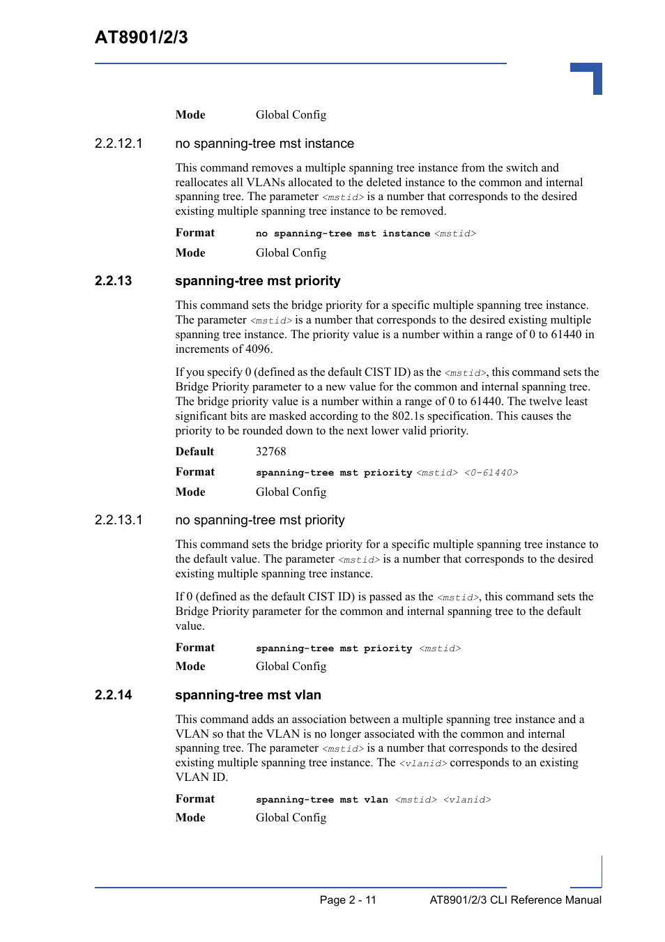 13 spanning-tree mst priority, 14 spanning-tree mst vlan | Kontron AT8902 Full Size CLI User Manual | Page 45 / 304