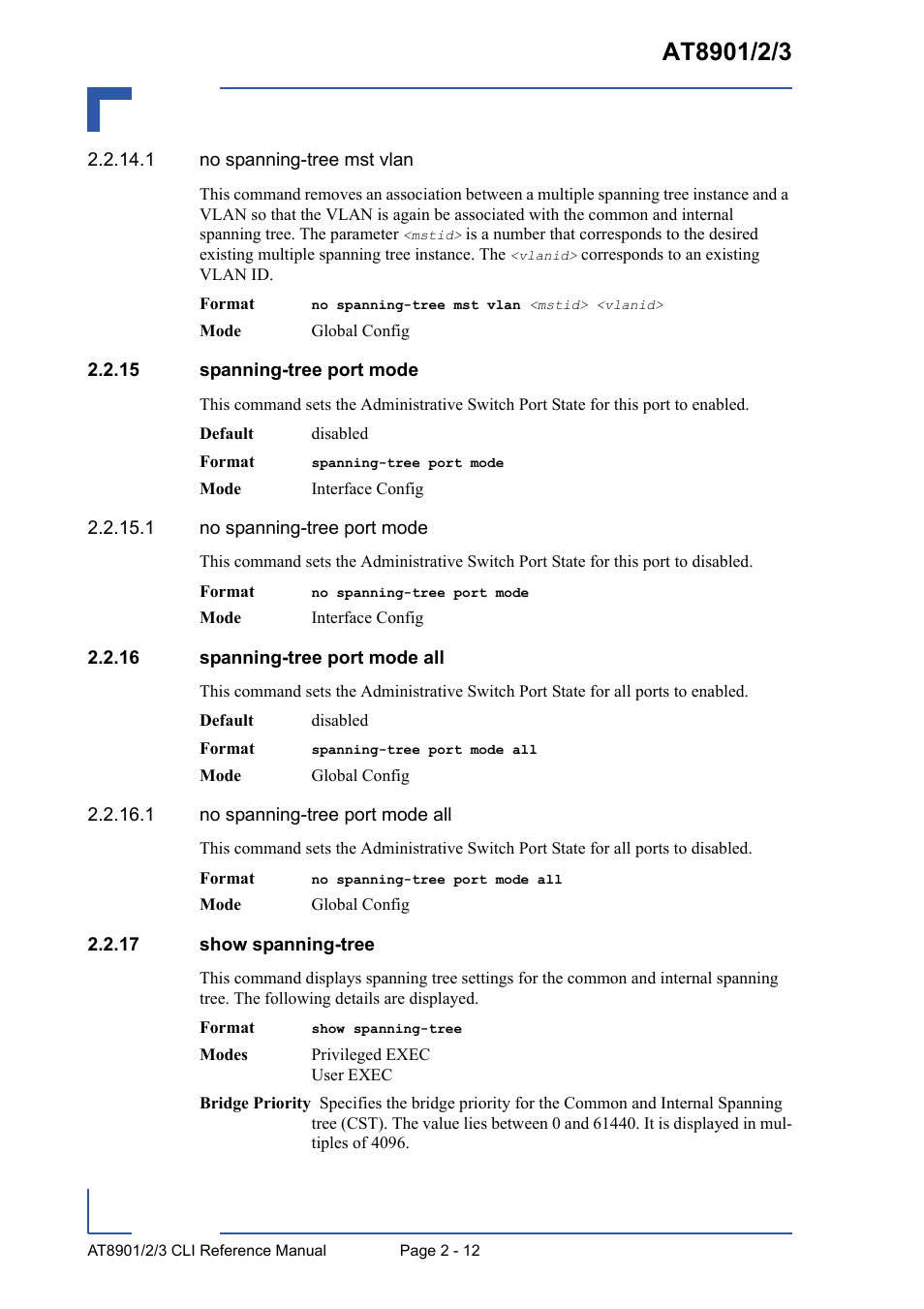 15 spanning-tree port mode, 16 spanning-tree port mode all, 17 show spanning-tree | Kontron AT8902 Full Size CLI User Manual | Page 46 / 304