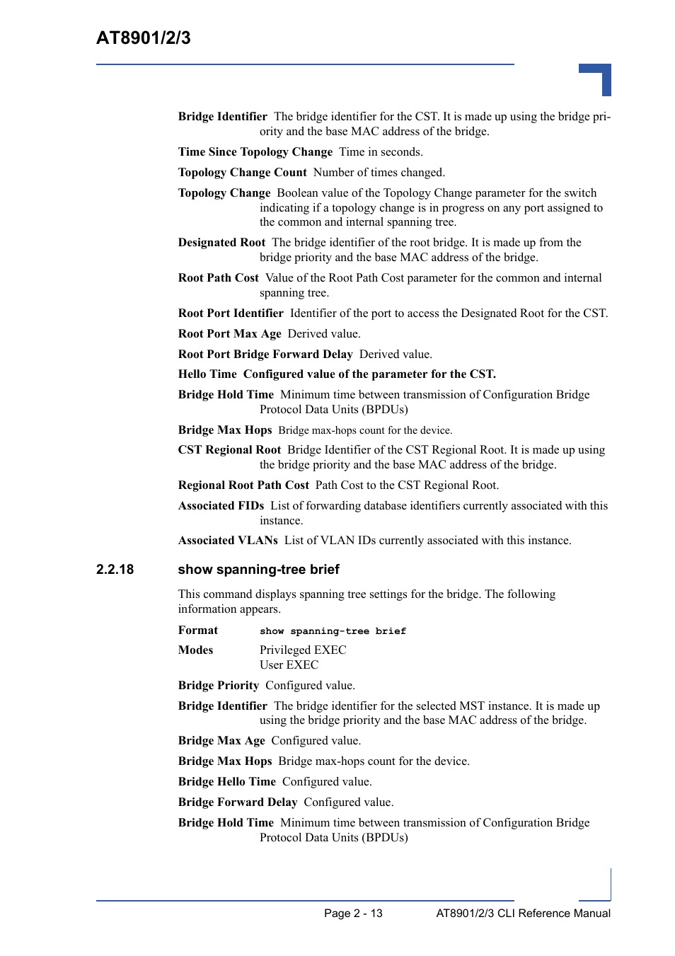 18 show spanning-tree brief, 18 show spanning-tree brief - 13 | Kontron AT8902 Full Size CLI User Manual | Page 47 / 304