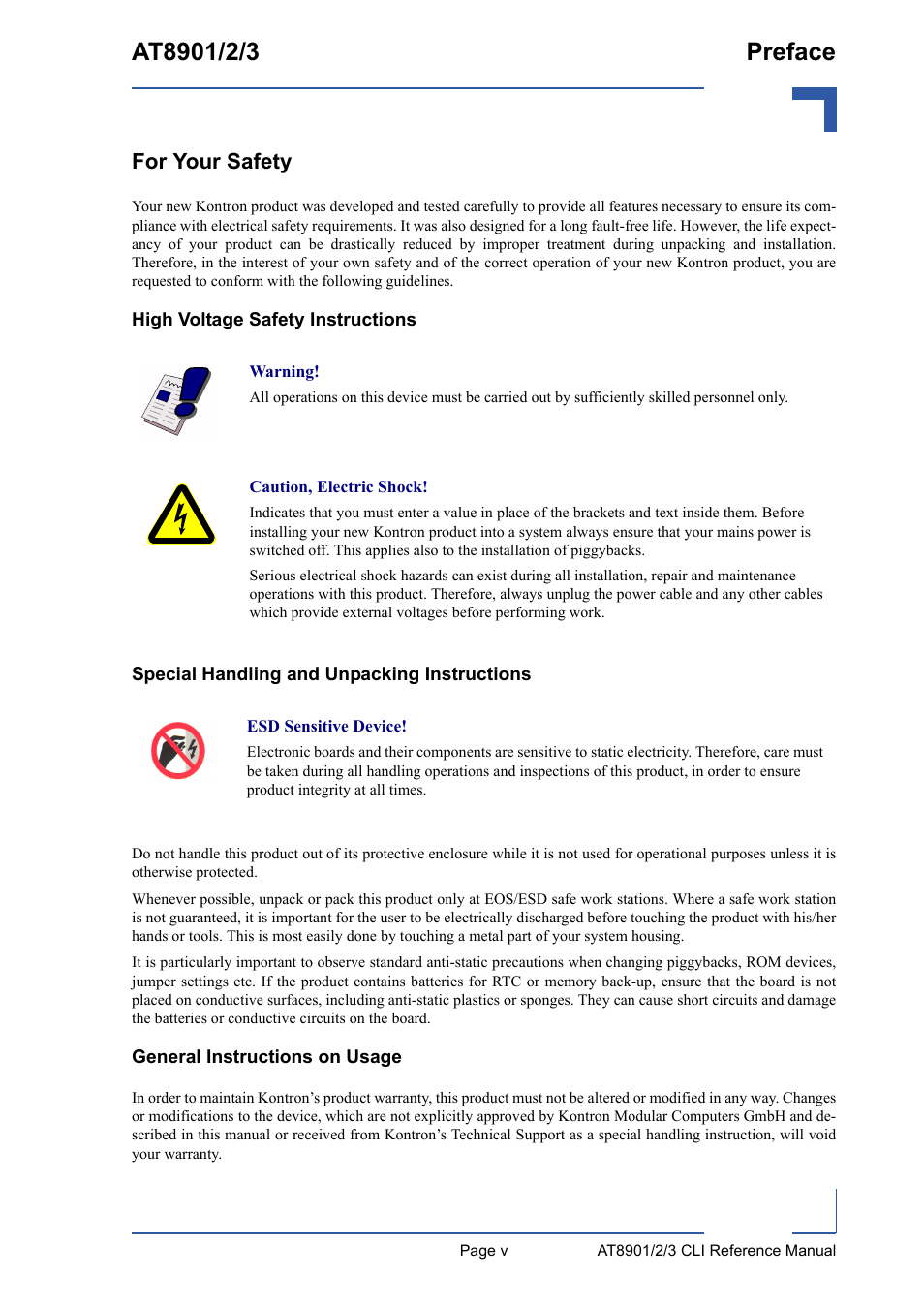 For your safety, High voltage safety instructions, Special handling and unpacking instructions | General instructions on usage | Kontron AT8902 Full Size CLI User Manual | Page 5 / 304