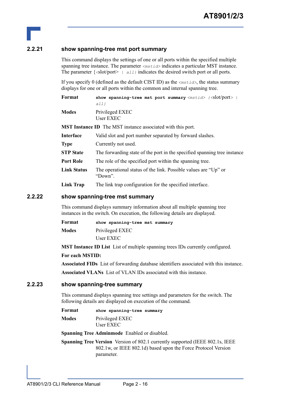 21 show spanning-tree mst port summary, 22 show spanning-tree mst summary, 23 show spanning-tree summary | Kontron AT8902 Full Size CLI User Manual | Page 50 / 304