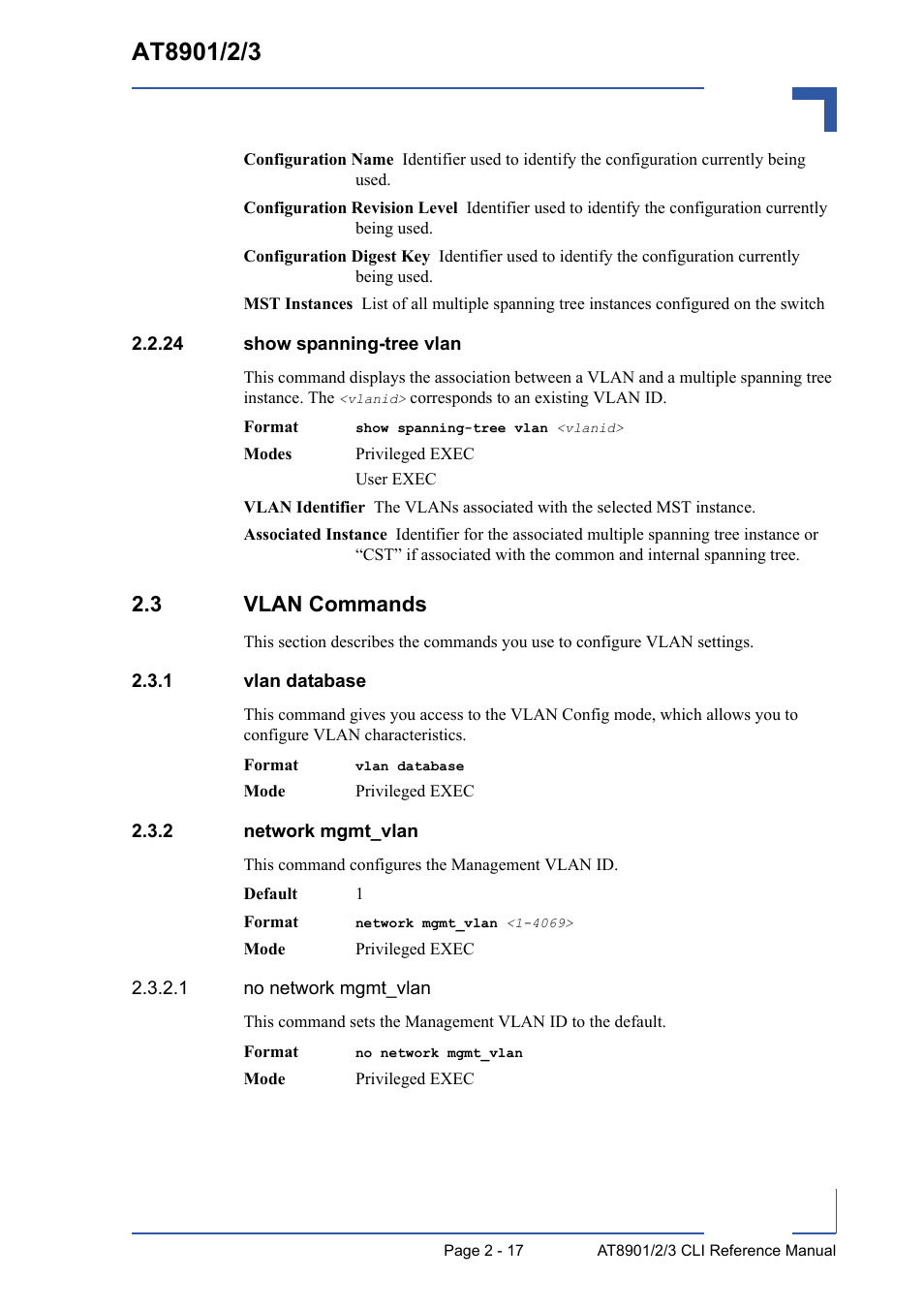 24 show spanning-tree vlan, 3 vlan commands, 1 vlan database | 2 network mgmt_vlan, 24 show spanning-tree vlan - 17, 3 vlan commands - 17, Vlan database - 17, Network mgmt_vlan - 17 | Kontron AT8902 Full Size CLI User Manual | Page 51 / 304