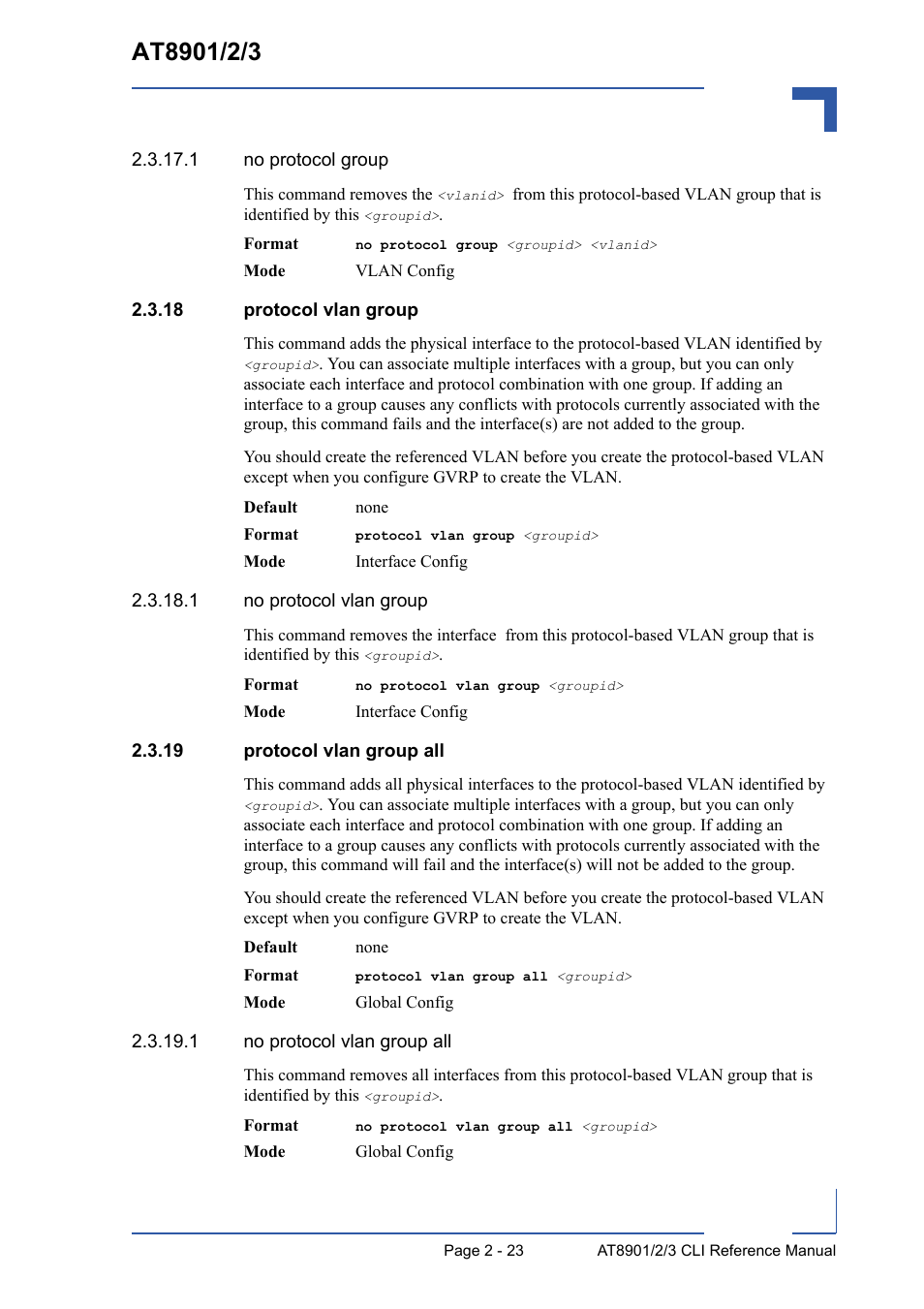 18 protocol vlan group, 19 protocol vlan group all | Kontron AT8902 Full Size CLI User Manual | Page 57 / 304