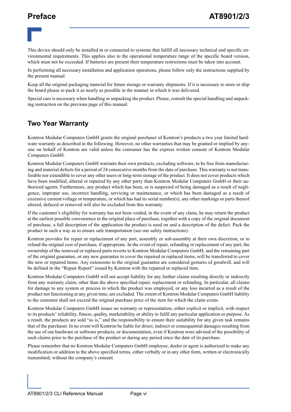 Two year warranty | Kontron AT8902 Full Size CLI User Manual | Page 6 / 304