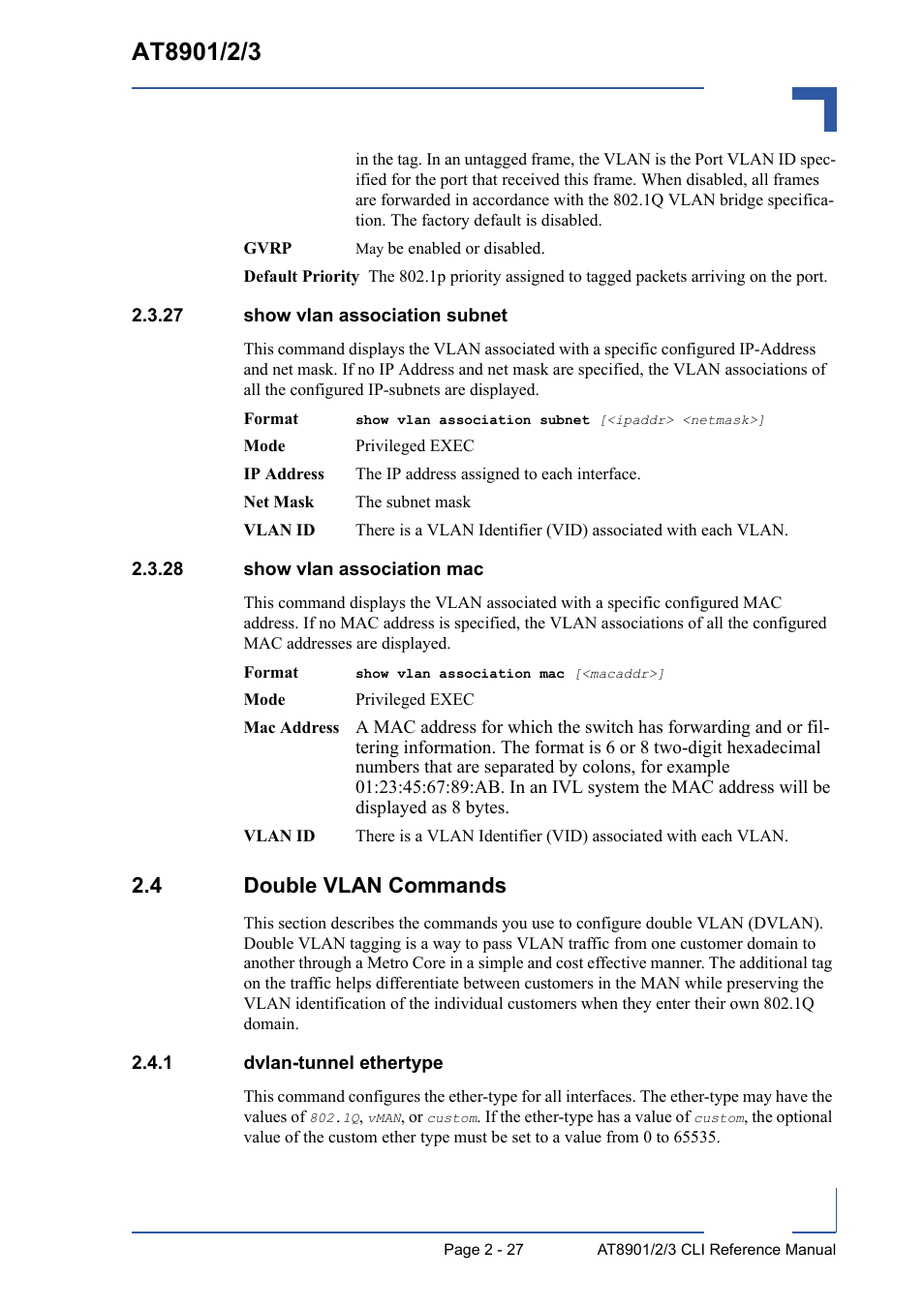 27 show vlan association subnet, 28 show vlan association mac, 4 double vlan commands | 1 dvlan-tunnel ethertype, 4 double vlan commands - 27, Dvlan-tunnel ethertype - 27 | Kontron AT8902 Full Size CLI User Manual | Page 61 / 304