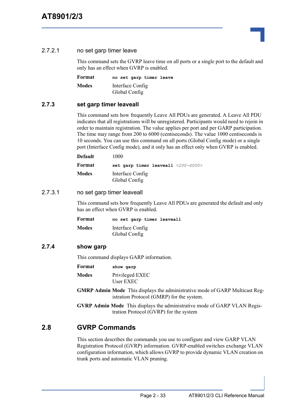 3 set garp timer leaveall, 4 show garp, 8 gvrp commands | Set garp timer leaveall - 33, Show garp - 33, 8 gvrp commands - 33 | Kontron AT8902 Full Size CLI User Manual | Page 67 / 304