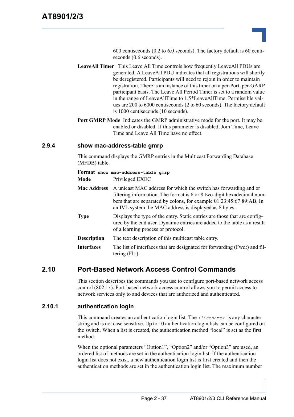 4 show mac-address-table gmrp, 10 port-based network access control commands, 1 authentication login | Show mac-address-table gmrp - 37, 10 port-based network access control commands - 37, 1 authentication login - 37 | Kontron AT8902 Full Size CLI User Manual | Page 71 / 304