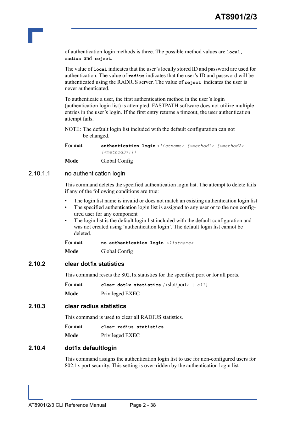 2 clear dot1x statistics, 3 clear radius statistics, 4 dot1x defaultlogin | Kontron AT8902 Full Size CLI User Manual | Page 72 / 304