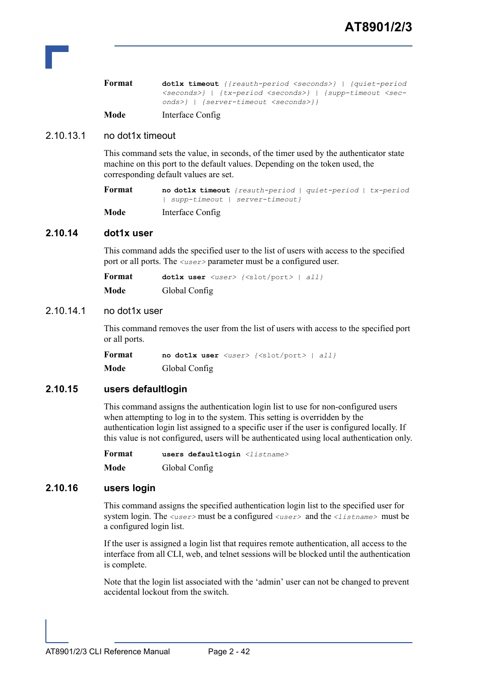 14 dot1x user, 15 users defaultlogin, 16 users login | Kontron AT8902 Full Size CLI User Manual | Page 76 / 304