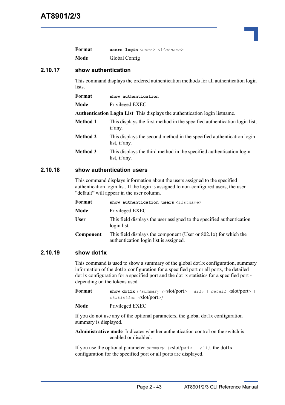 17 show authentication, 18 show authentication users, 19 show dot1x | Kontron AT8902 Full Size CLI User Manual | Page 77 / 304