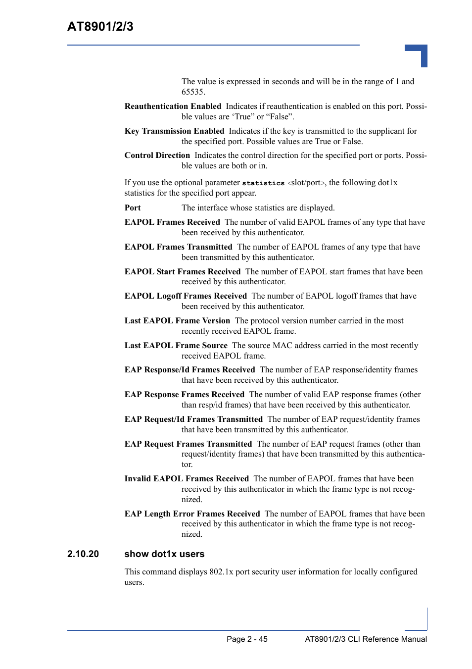 20 show dot1x users, 20 show dot1x users - 45 | Kontron AT8902 Full Size CLI User Manual | Page 79 / 304