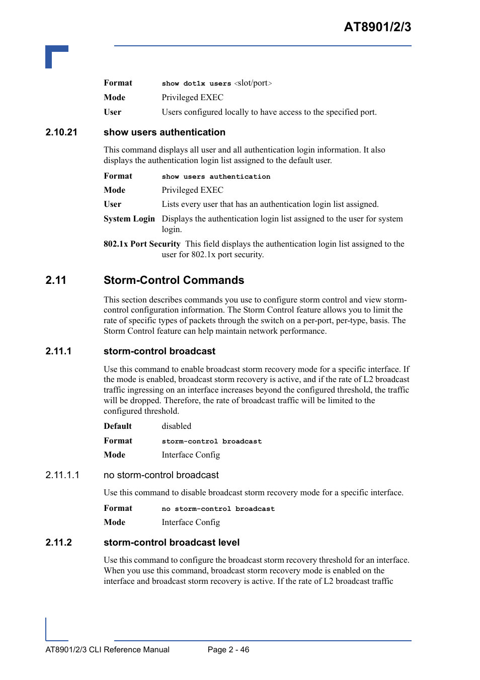 21 show users authentication, 11 storm-control commands, 1 storm-control broadcast | 2 storm-control broadcast level, 21 show users authentication - 46, 11 storm-control commands - 46 | Kontron AT8902 Full Size CLI User Manual | Page 80 / 304