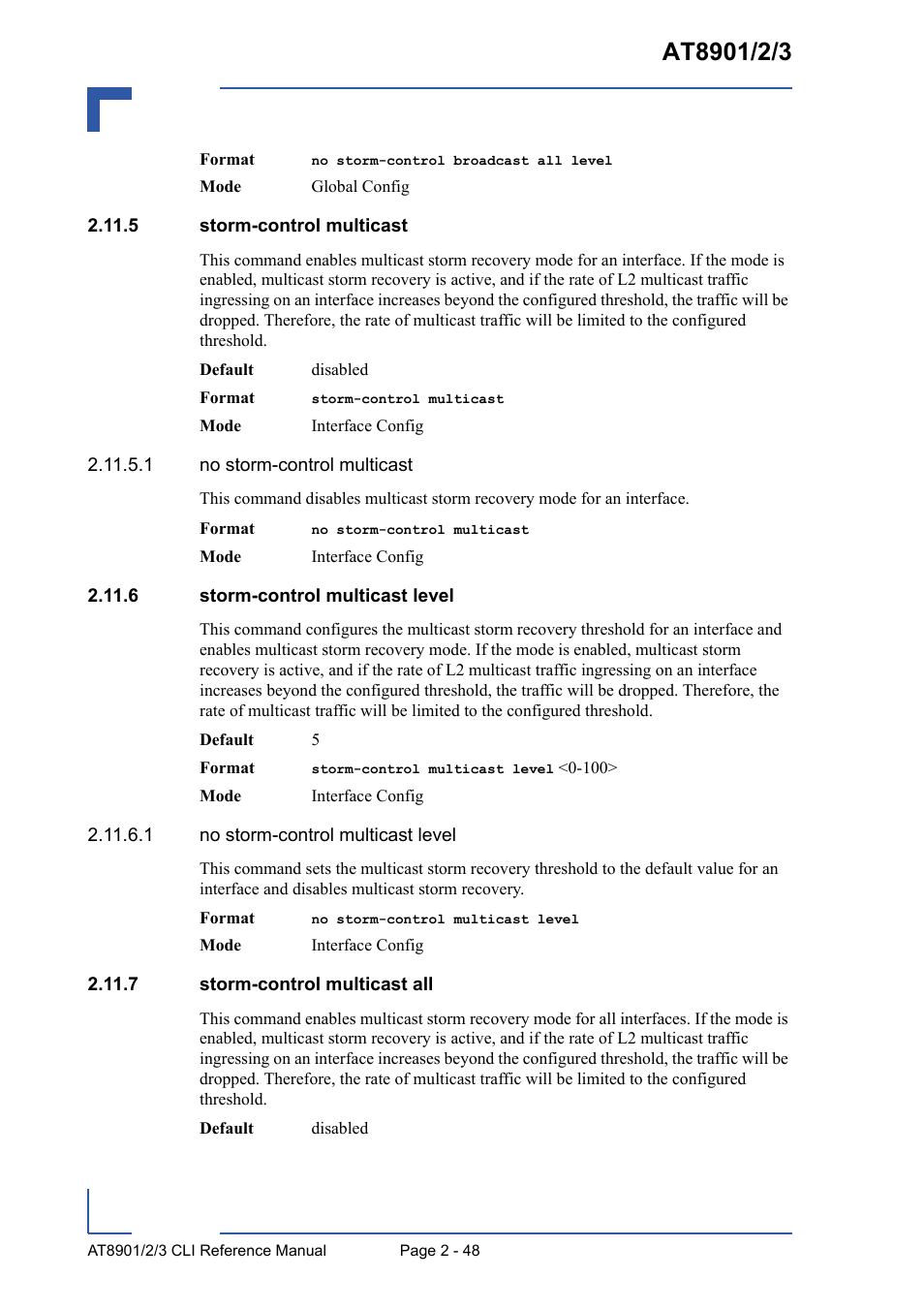 5 storm-control multicast, 6 storm-control multicast level, 7 storm-control multicast all | Kontron AT8902 Full Size CLI User Manual | Page 82 / 304