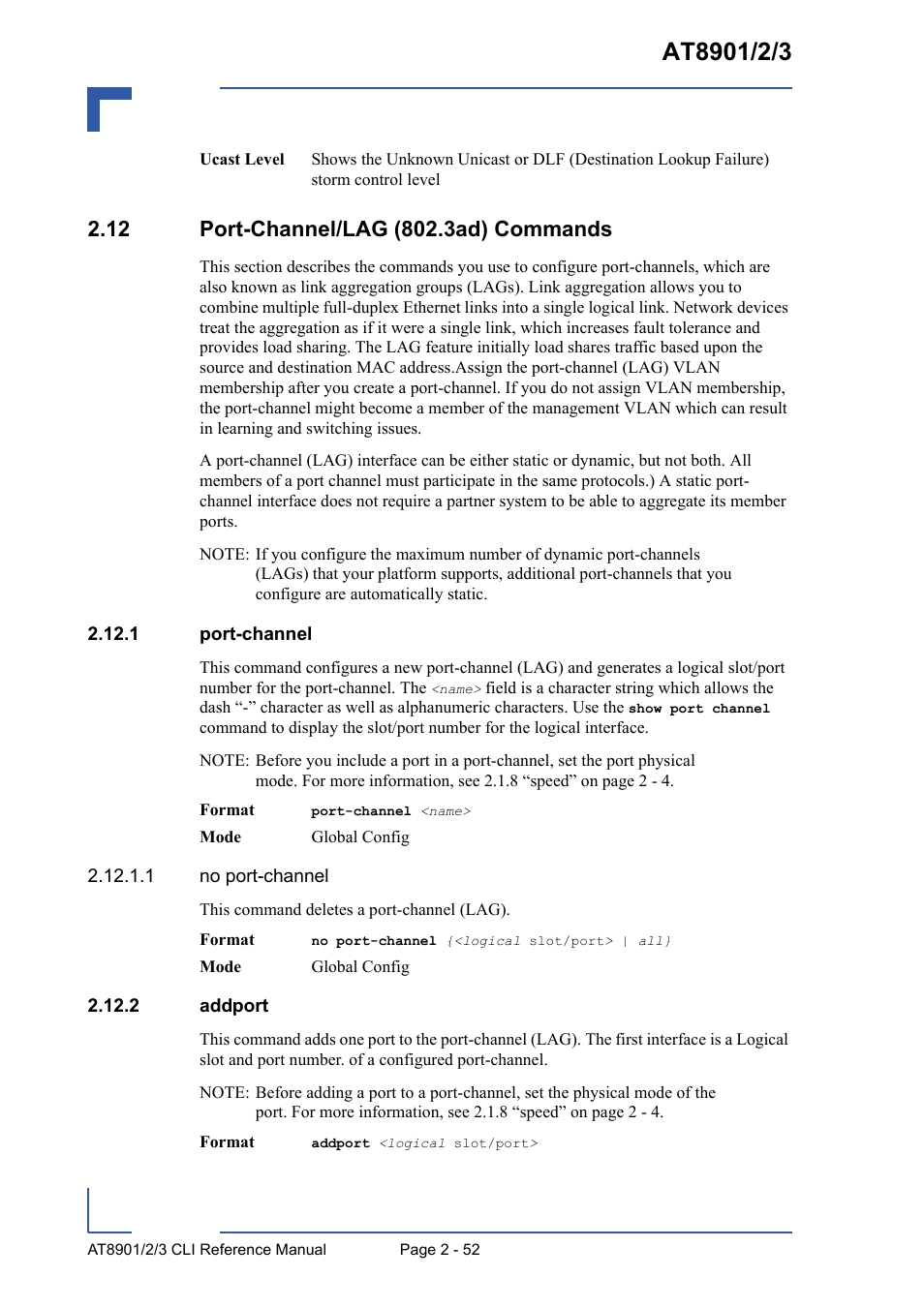 12 port-channel/lag (802.3ad) commands, 1 port-channel, 2 addport | 12 port-channel/lag (802.3ad) commands - 52, 1 port-channel - 52 2.12.2 addport - 52 | Kontron AT8902 Full Size CLI User Manual | Page 86 / 304