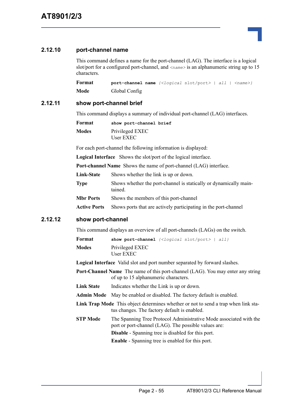 10 port-channel name, 11 show port-channel brief, 12 show port-channel | Kontron AT8902 Full Size CLI User Manual | Page 89 / 304