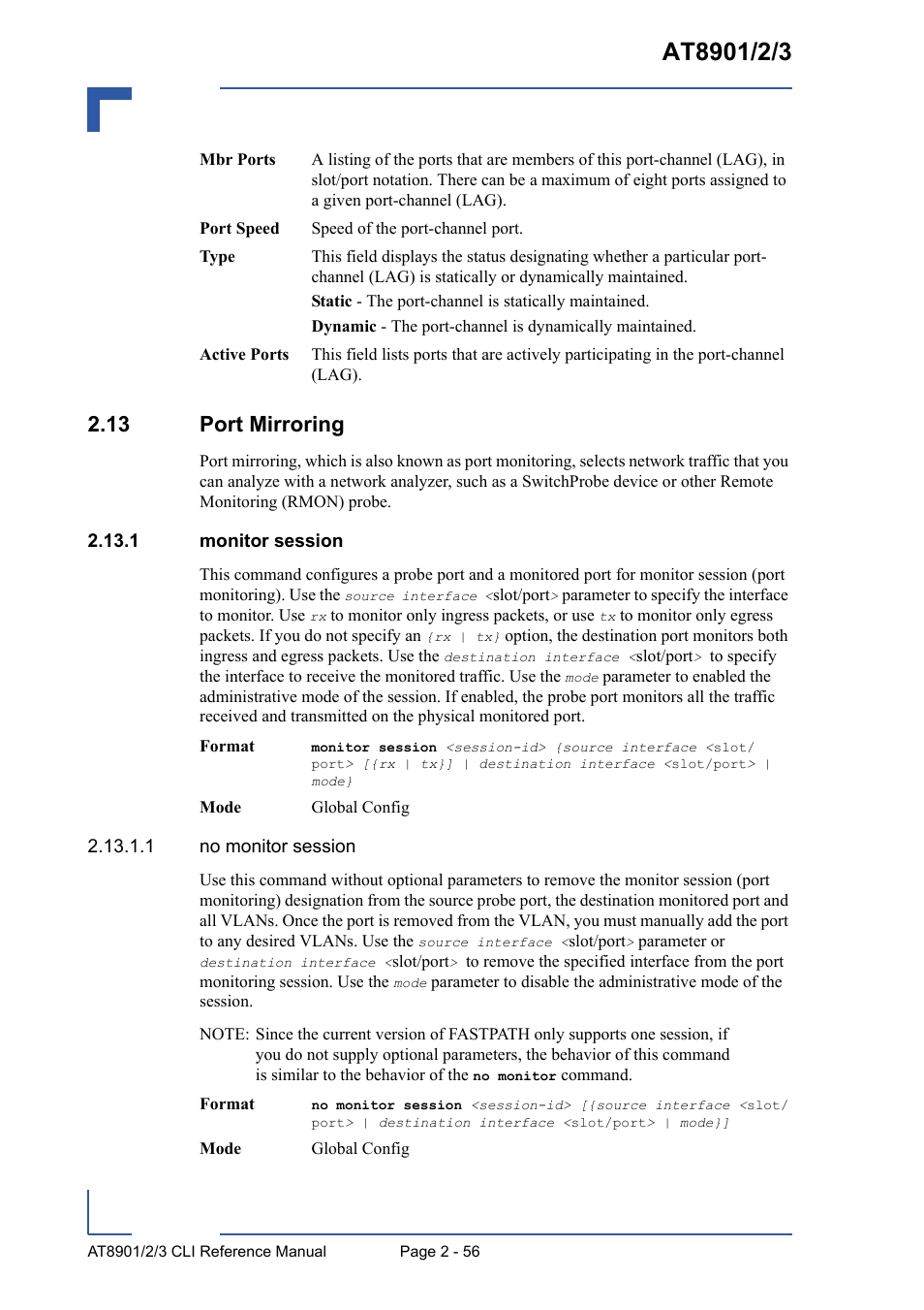 13 port mirroring, 1 monitor session, 13 port mirroring - 56 | 1 monitor session - 56 | Kontron AT8902 Full Size CLI User Manual | Page 90 / 304