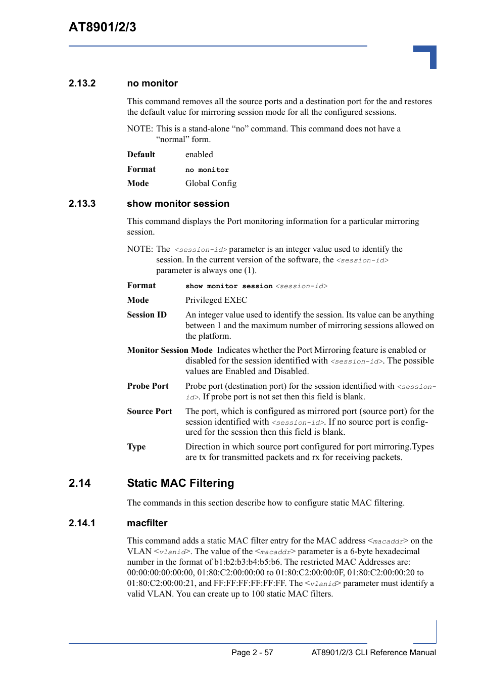 2 no monitor, 3 show monitor session, 14 static mac filtering | 1 macfilter, 2 no monitor - 57 2.13.3 show monitor session - 57, 14 static mac filtering - 57, 1 macfilter - 57 | Kontron AT8902 Full Size CLI User Manual | Page 91 / 304