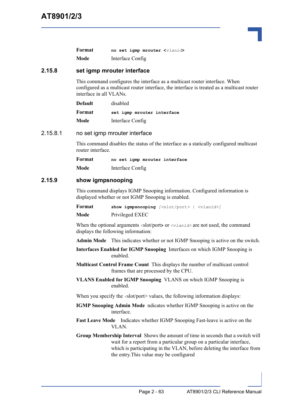 8 set igmp mrouter interface, 9 show igmpsnooping | Kontron AT8902 Full Size CLI User Manual | Page 97 / 304