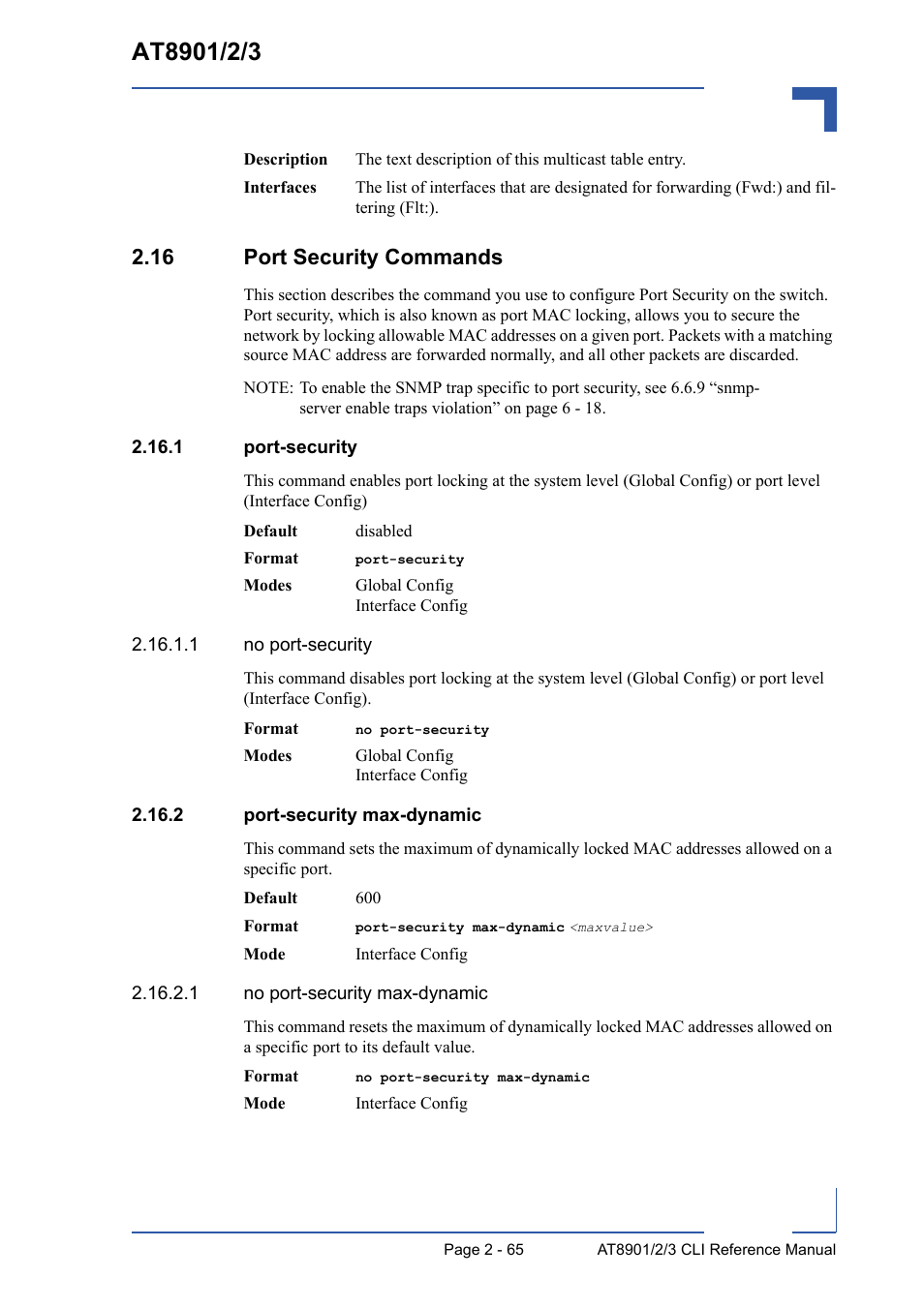 16 port security commands, 1 port-security, 2 port-security max-dynamic | 16 port security commands - 65 | Kontron AT8902 Full Size CLI User Manual | Page 99 / 304