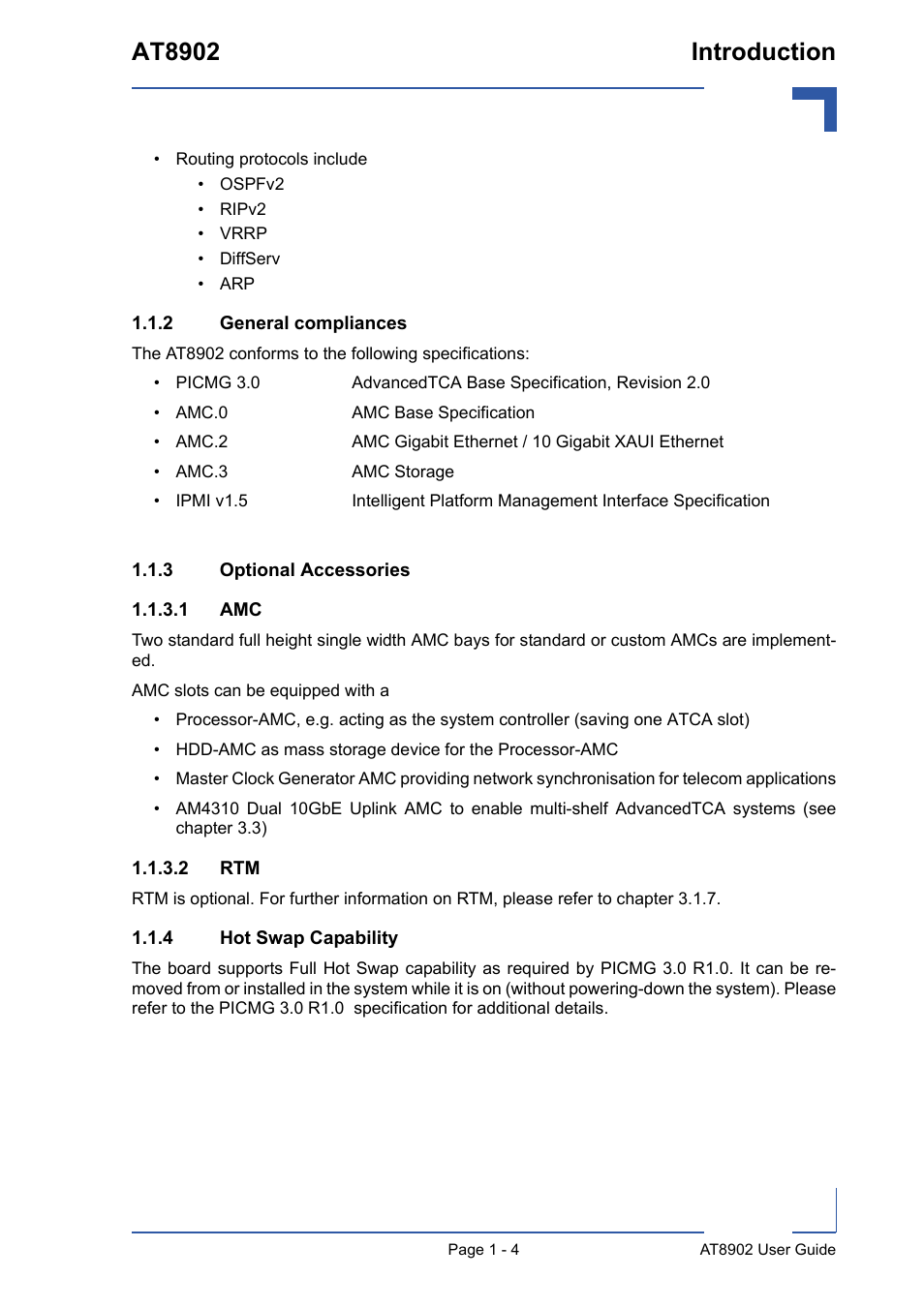 2 general compliances, 3 optional accessories, 4 hot swap capability | General compliances - 4, Optional accessories - 4, 1 amc - 4 1.1.3.2 rtm - 4, Hot swap capability - 4, At8902 introduction | Kontron AT8902 User Manual | Page 18 / 94