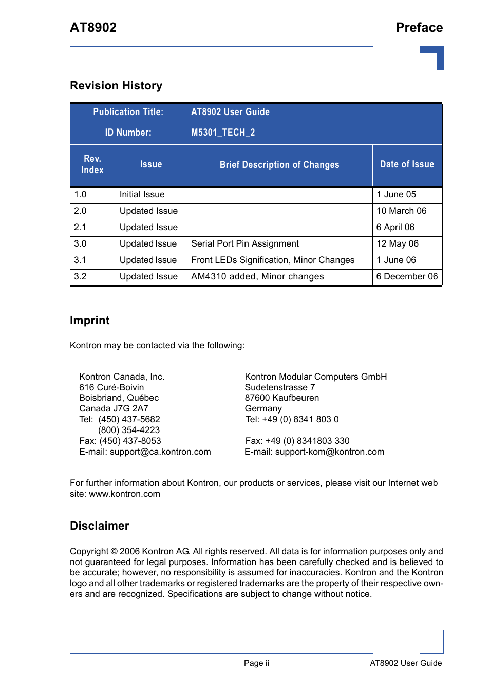 Revision history, Imprint, Disclaimer | At8902 preface, Revision history imprint | Kontron AT8902 User Manual | Page 2 / 94