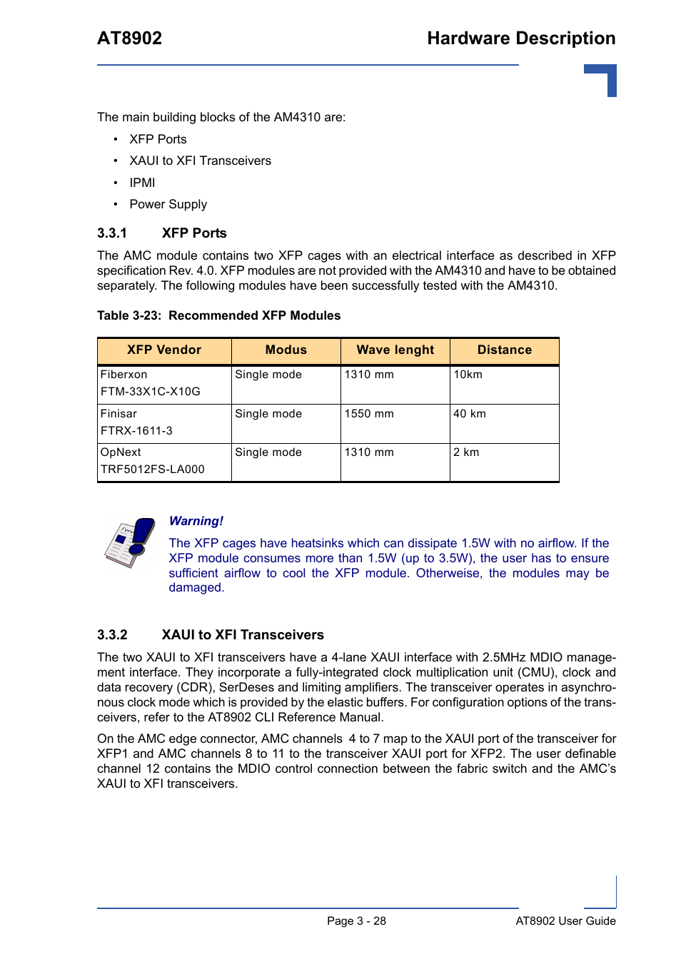 1 xfp ports, 2 xaui to xfi transceivers, Xfp ports - 28 | Xaui to xfi transceivers - 28, 23 recommended xfp modules - 28, At8902 hardware description | Kontron AT8902 User Manual | Page 62 / 94