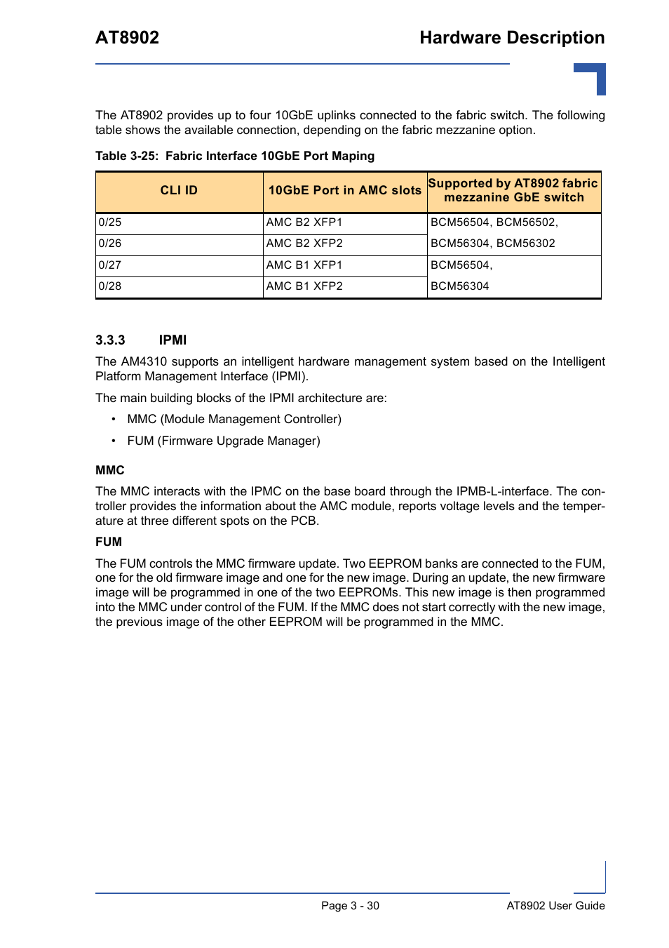 3 ipmi, Ipmi - 30, 25 fabric interface 10gbe port maping - 30 | At8902 hardware description | Kontron AT8902 User Manual | Page 64 / 94