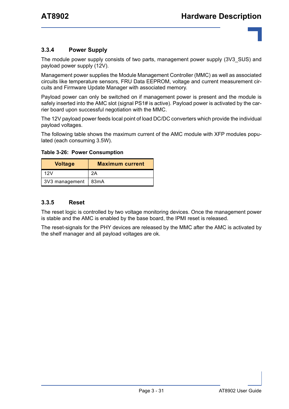 4 power supply, 5 reset, Power supply - 31 | Reset - 31, 26 power consumption - 31, At8902 hardware description | Kontron AT8902 User Manual | Page 65 / 94